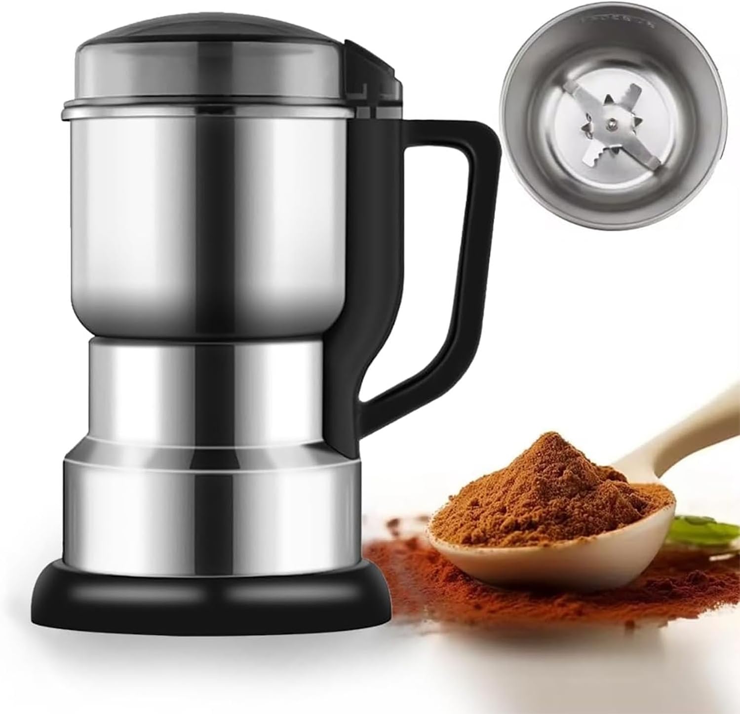Electric Coffee Grinder, Stainless Steel Grain Mill for Grinding Grains, Roots, Flour, 35,000 RPM, Compact Design with Screen and 3 Cutting Heads, 360° Cord Storage