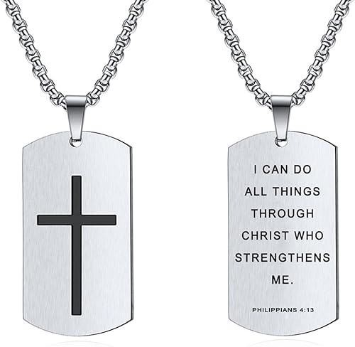 Rnivida Collar con colgante de cruz con versículo bíblico para hombre, collar inspirador de acero inoxidable para hombre