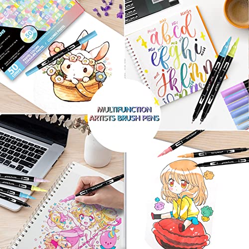 Restly 50 Pastel Colors Brush Markers Pens For Adult Coloring Books, Dual Tip Brush Pen Art Markers, Fine Tip Coloring Marker & Brush Pen Set For Note Lettering Drawing Sketching Journaling #TOP3