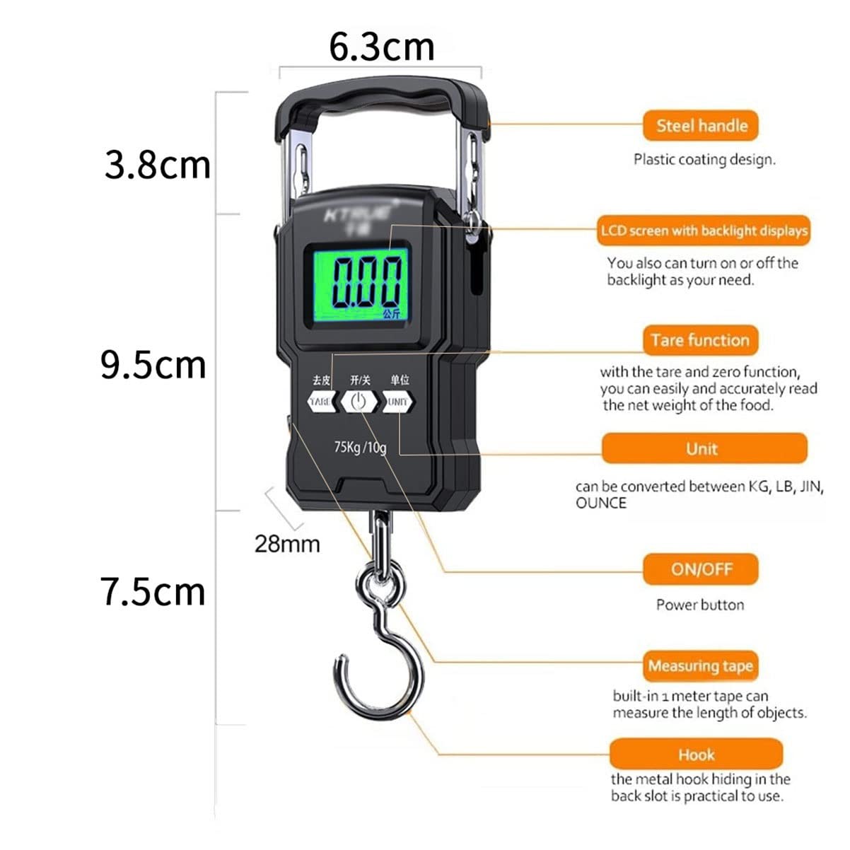 Bilancia elettronica portatile da 75 kg con display a LED Bilancia digitale da gru con metro a nastro da 1 m Scala di aggancio for bagagli Verdura e frutta Bilance