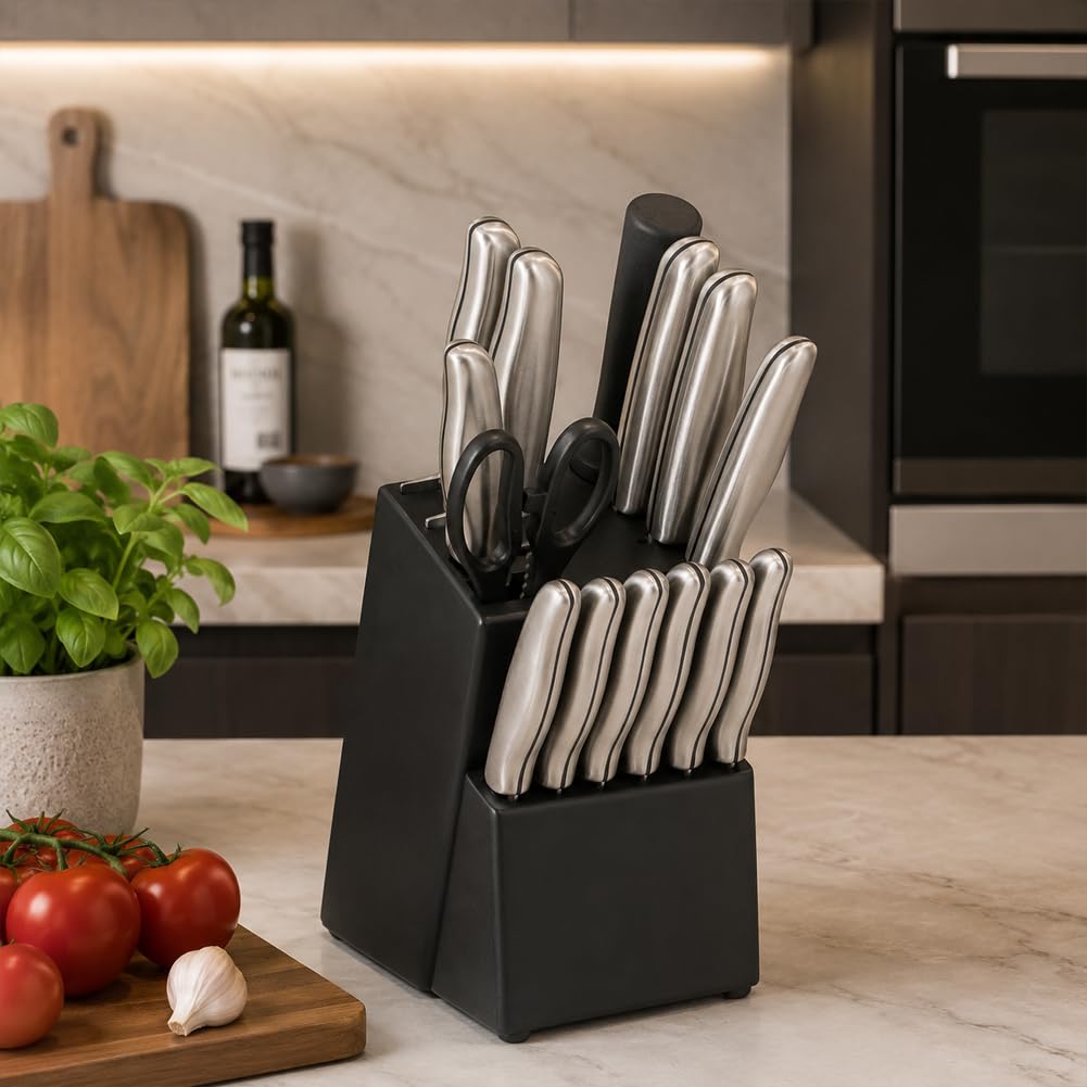 BAKAJI Set Coltelli da Cucina con Ceppo Professionale, Set 15 Pezzi Chef in Acciaio con Impugnatura Ergonomica e Lama Durevole, Porta Coltelli per Cucinare con Custodia Autoportante 35 x 15 x 15 cm