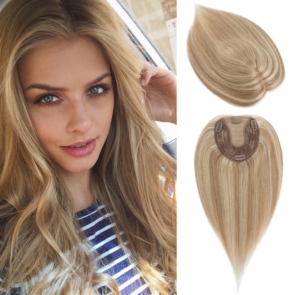 Rich Choices Hair Toppers For Women 100% Real Human Hair Topper With No Bangs 13 * 15CM Silk Base Clip In Top Hairpieces With Thinning Hair 10 Inch #12P613 Golden Brown&Bleach Blonde 40g (4 clips) 10 Inch 13x15cm Base #12P613 Golden Brown&Bleach Blonde