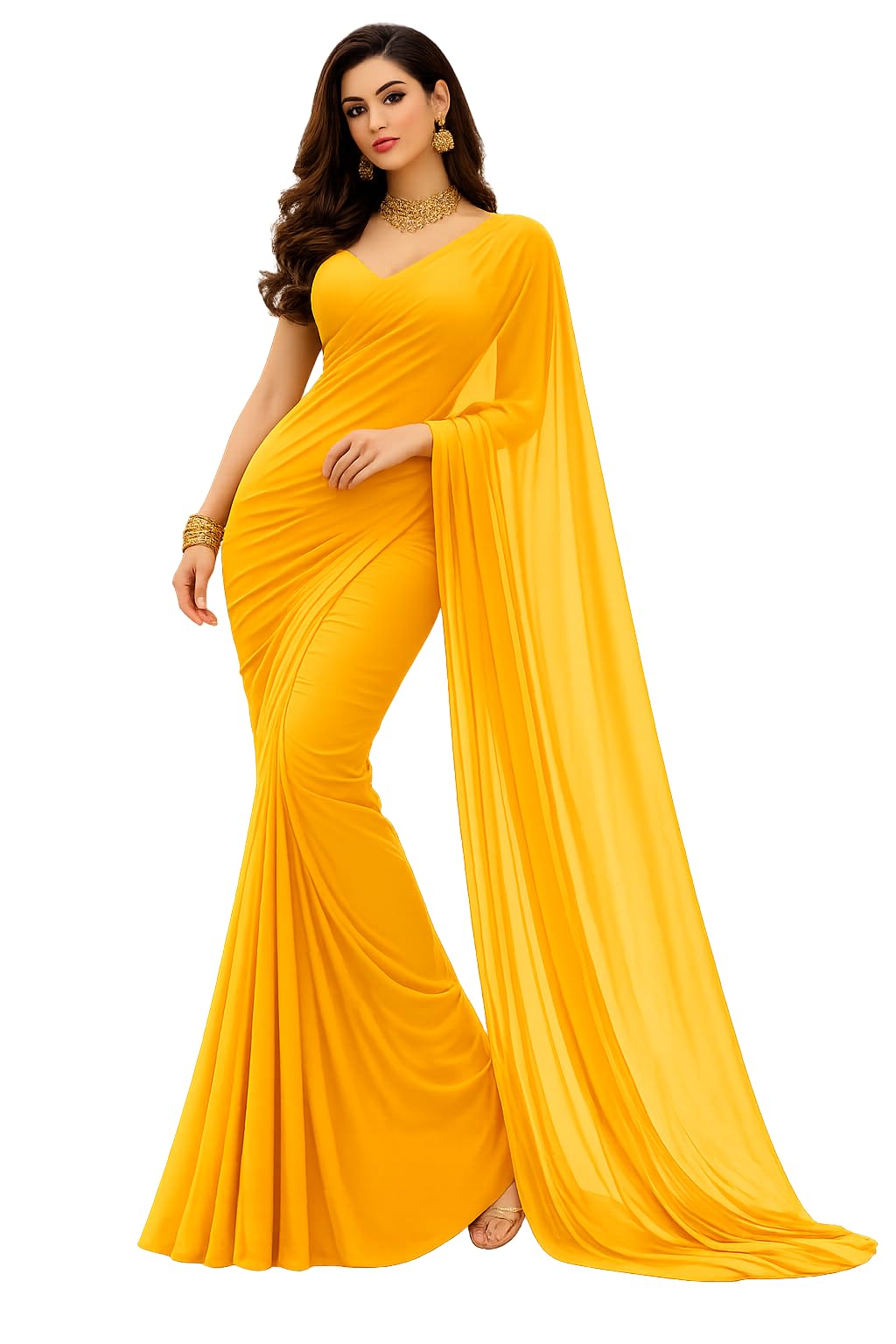 Soft Georgette Plain Yellow Saree for Women with Blouse Piece Lightweight and Flowy Fabric Simple and Stylish Look-image-47