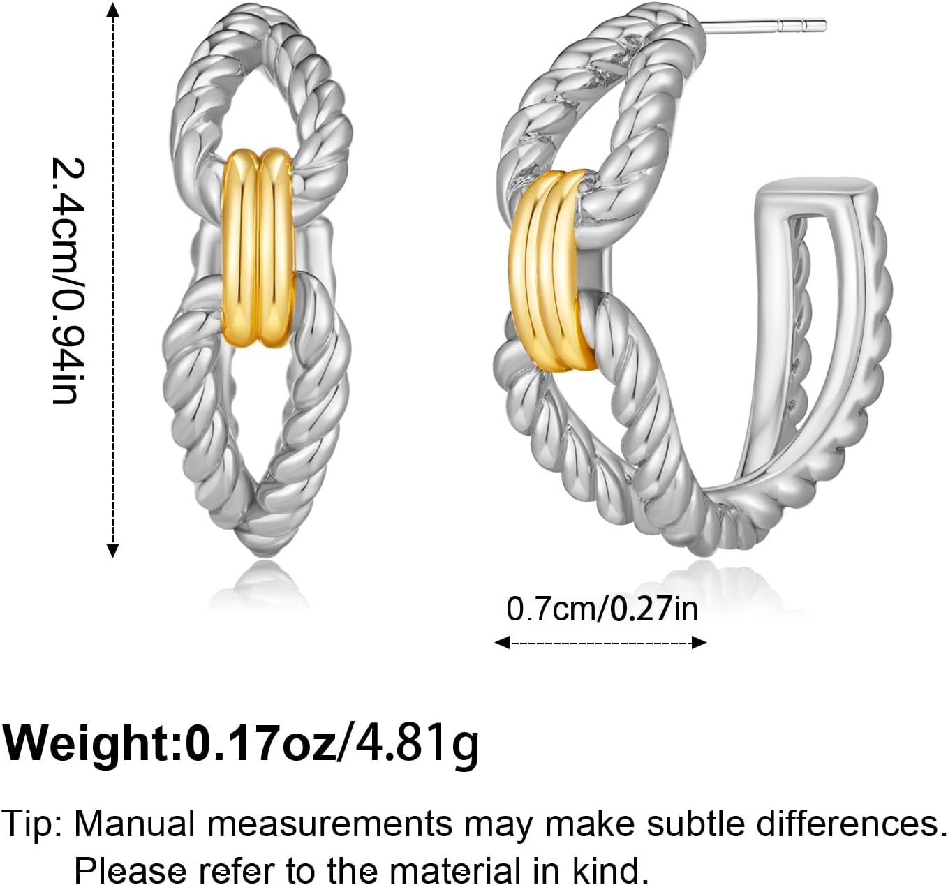 Two Tone Rope Studs Earrings for Women Gold and Silver Mixed Metal Statement Earrings Jewelry Gifts - Image 5