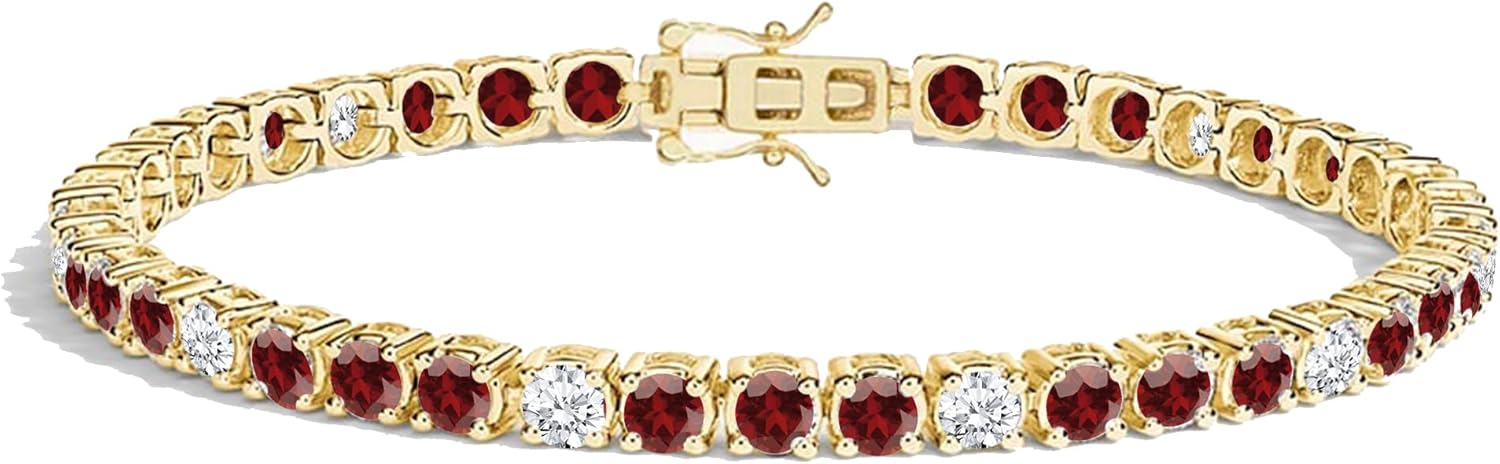 Round Cut Ruby & White Diamond Tennis Bracelet For Women, 14K Gold Plated Silver July Birthstone Ruby Ladies Tennis Link Bracelet