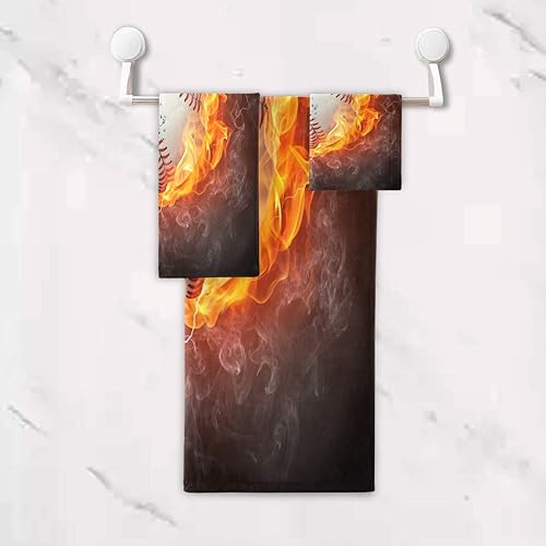 Vista 5 de ALAZA Juego de toallas de baño, toallas de fuego de agua de béisbol, 3 piezas, 1 toalla de baño, 1 toalla de baño, 1 toalla de mano, juego de 3