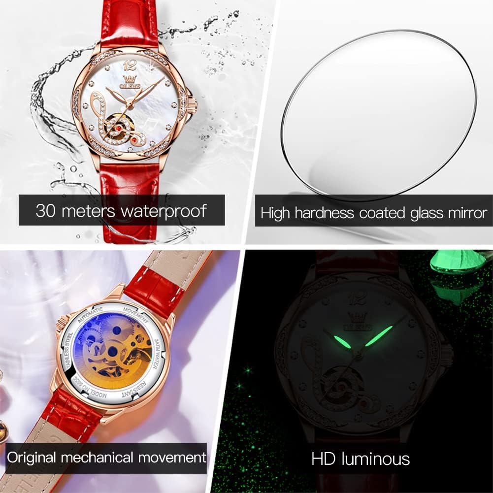 Miniatura 4 de OLEVS Reloj mecánico automático para mujer correa de cuero cuerda automática reloj de pulsera para mujer esfera de corazón de diamante impermeable