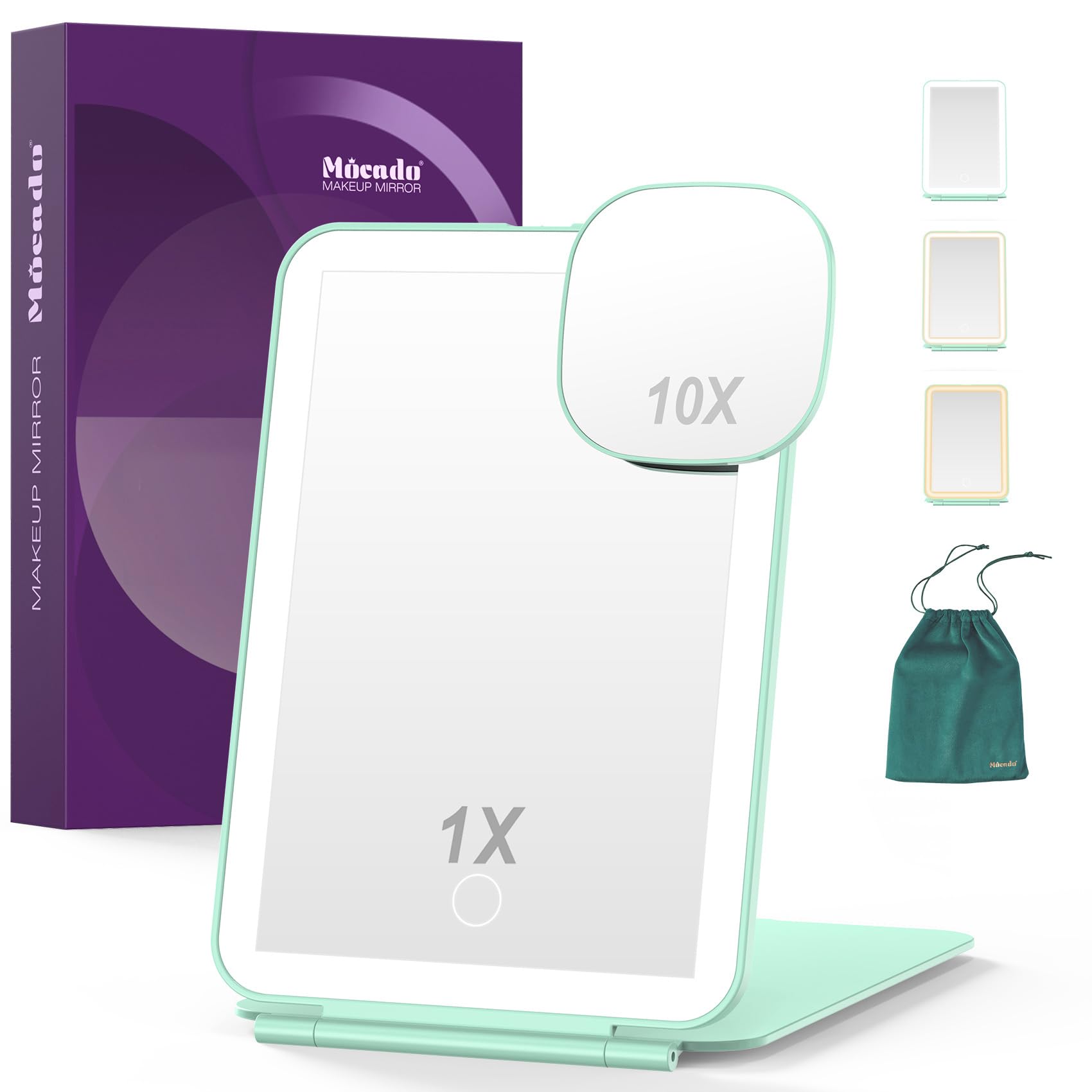 Mocado Rechargeable Travel Makeup Mirror with 72 LED Lights, 1X/10X Magnifying Makeup Mirror with 3 Colors Lights, Tabletop Folding Mirrors for Travel, Touch Screen, Cosmetic - Green