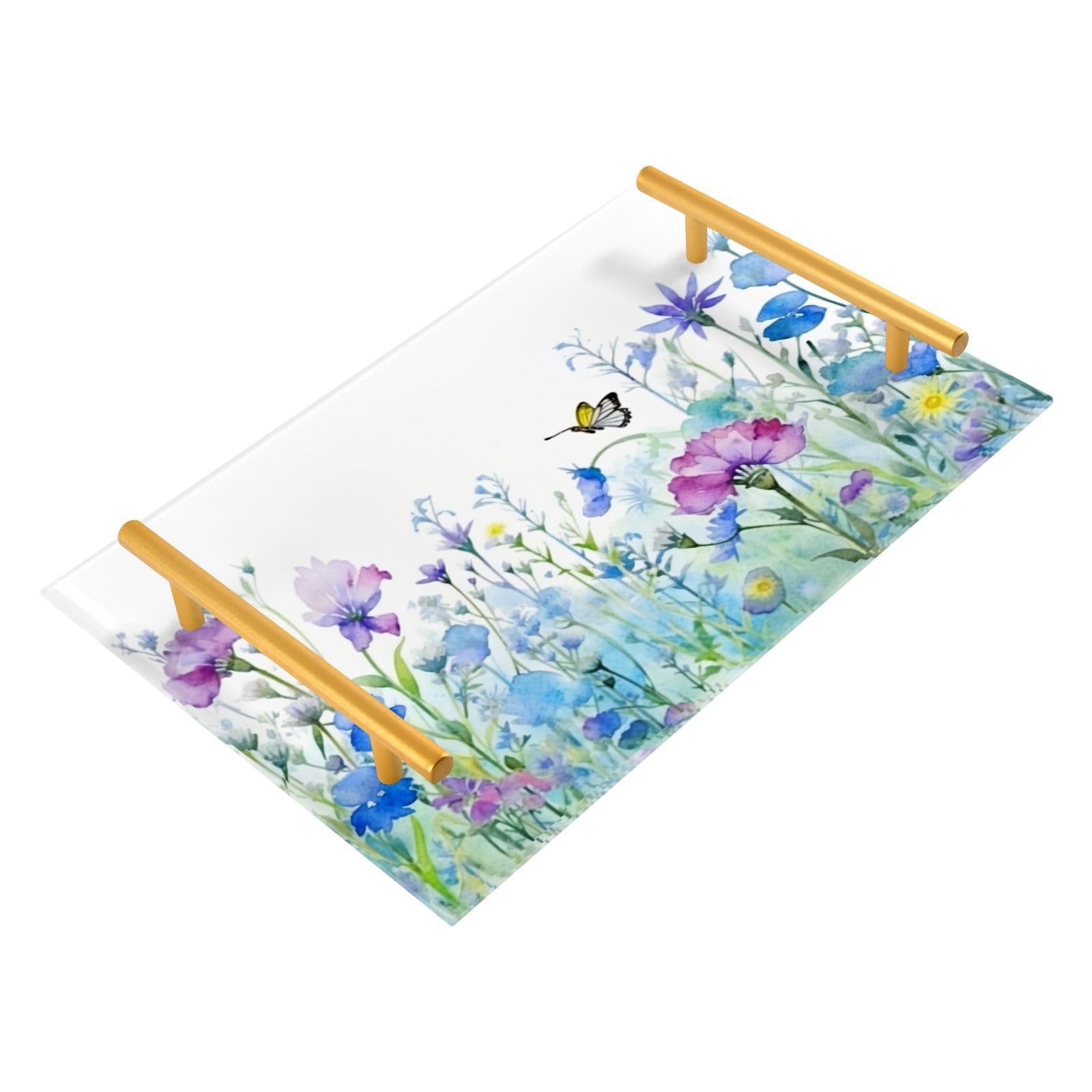 Wassud Bathroom Vanity Tray with Handles Watercolor Flower Field (2) Acrylic Jewelry Perfume Organizer for Bathroom Kitchen Counter 11.81
