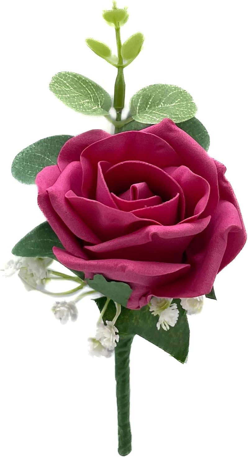 Artificial Wedding Flowers Hand-made by Petals Polly, Hot Pink Single Foam Rose Buttonhole with Eucalyptus & Gypsophila