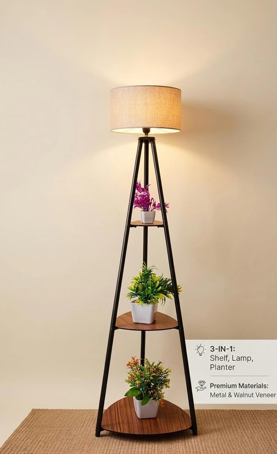 Tripod Floor Lamp with 3 Shelves, Metal, Linen Shade | Corner Lamp, Living Room & Bedroom, Wooden Shelf Tiers, Black Metal Frame, Warm Ambient Light-image-16