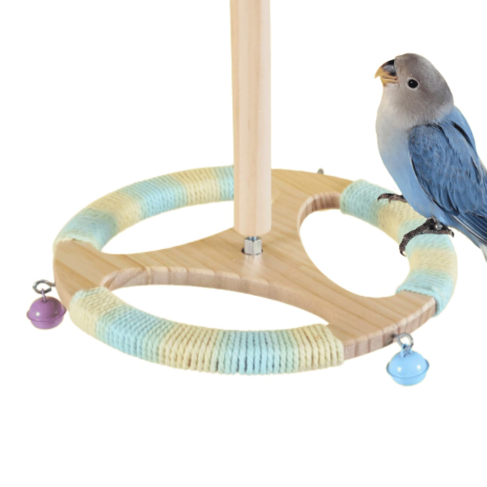 Parrot Perch Wooden Stand with 3 Bell Toys & Soft Cotton Rope - Interactive Spinning Bird Cage Accessories for Parakeets, Budgies, Lovebirds, Cockatiels, Conures, Finches (Cloud Color)