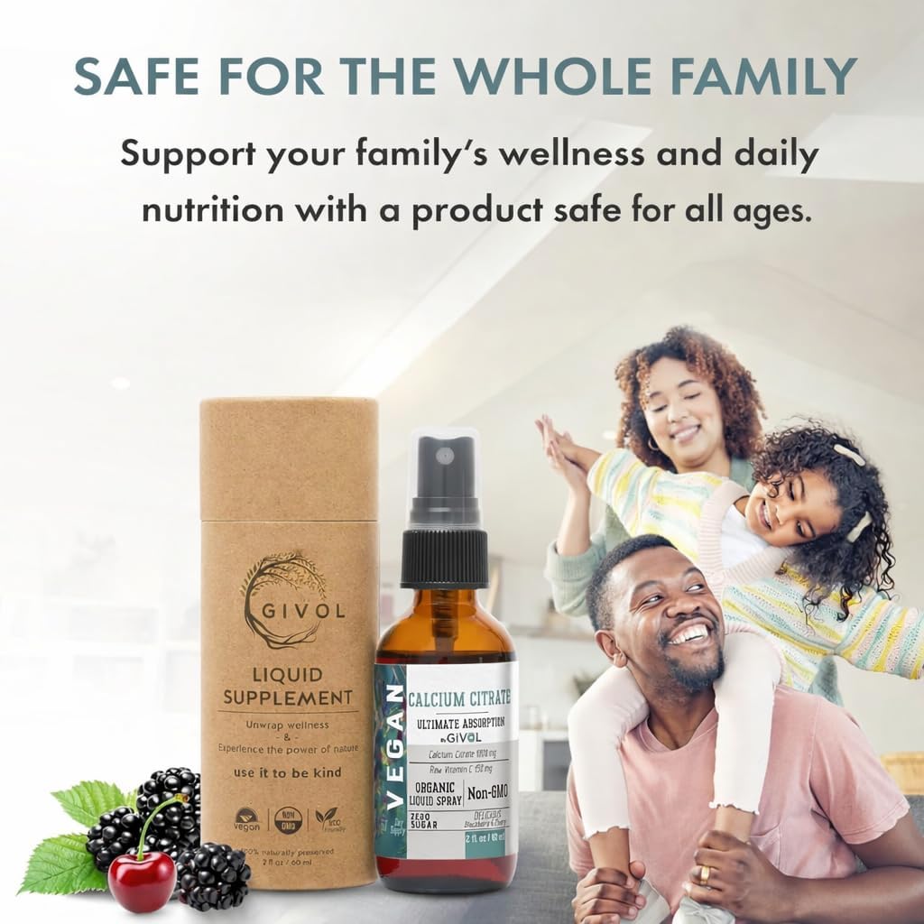 Liquid Calcium Citrate 1000mg & Raw Vitamin C 150mg Liquid Spray Mist for Easy Absorption, Wild Cherry & BlackBerry Flavor, Calcium Supplement, Non-GMO, Gluten Free, Sugar-Free 2oz (60ml)