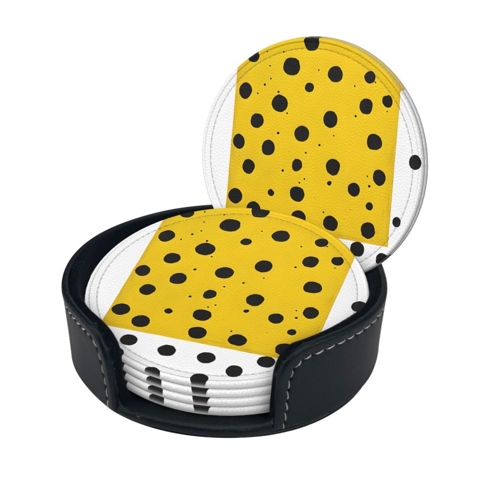 Mustard Yellow and Black Print Coaster,Round Leather Coasters with Storage Box for Wine Mugs,Cold Drinks and Cups Tabletop Protection (6 Piece)