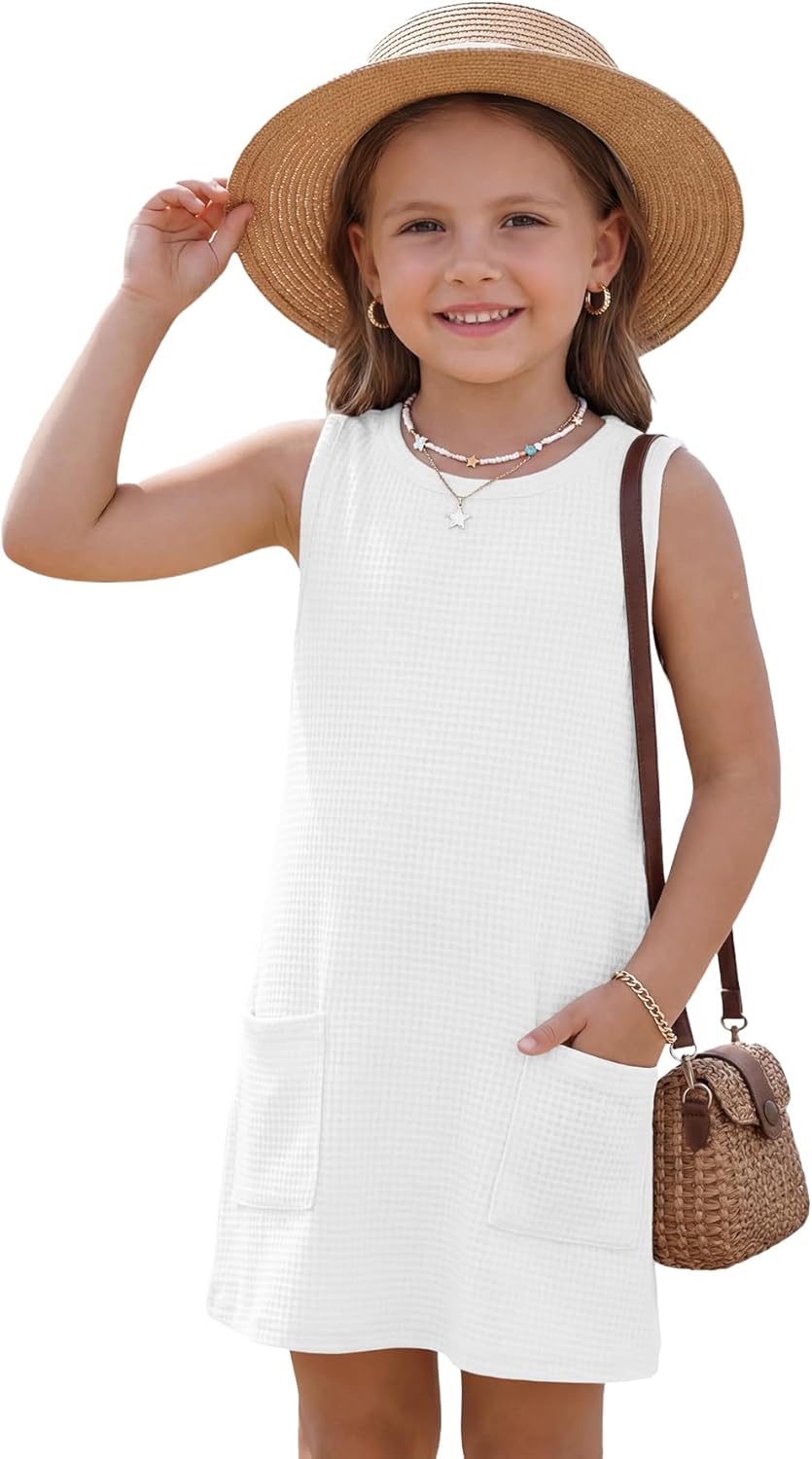 CharmWM Toddler Girls Swim Coverups Sleeveless Baby Summer Beachwear Dress with Pockets Cute Waffle Vacation Bathing Suit