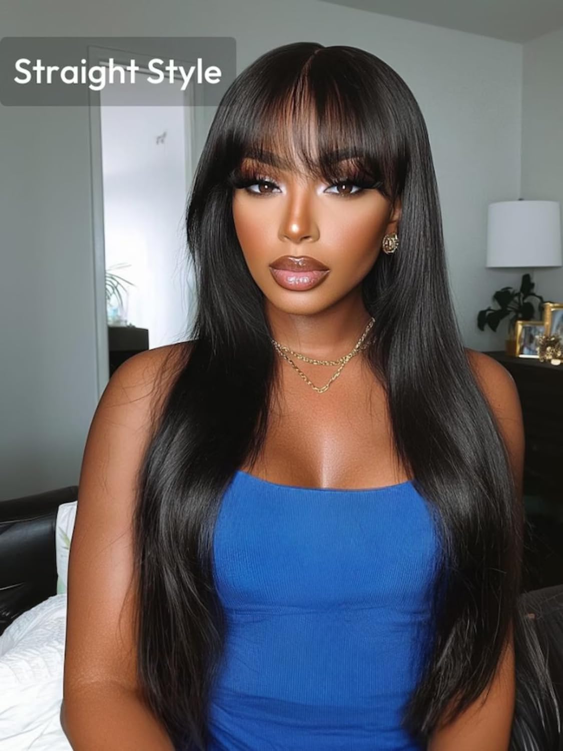 UNICE Loose Wave 7x5 Lace Front Wigs Human Hair with Curtain Bangs Bye Bye Knots Glueless Human Hair Wig Pre Plucked Pre Cut Bleached Knots Put on and Go Wig for Women 180% Density 18 Inch