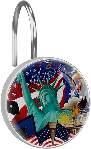 Miniatura 1 de Estatua de la Libertad águila de la bandera estadounidense juego de 12 ganchos decorativos para cortina de ducha anillos de cortina inoxidables para