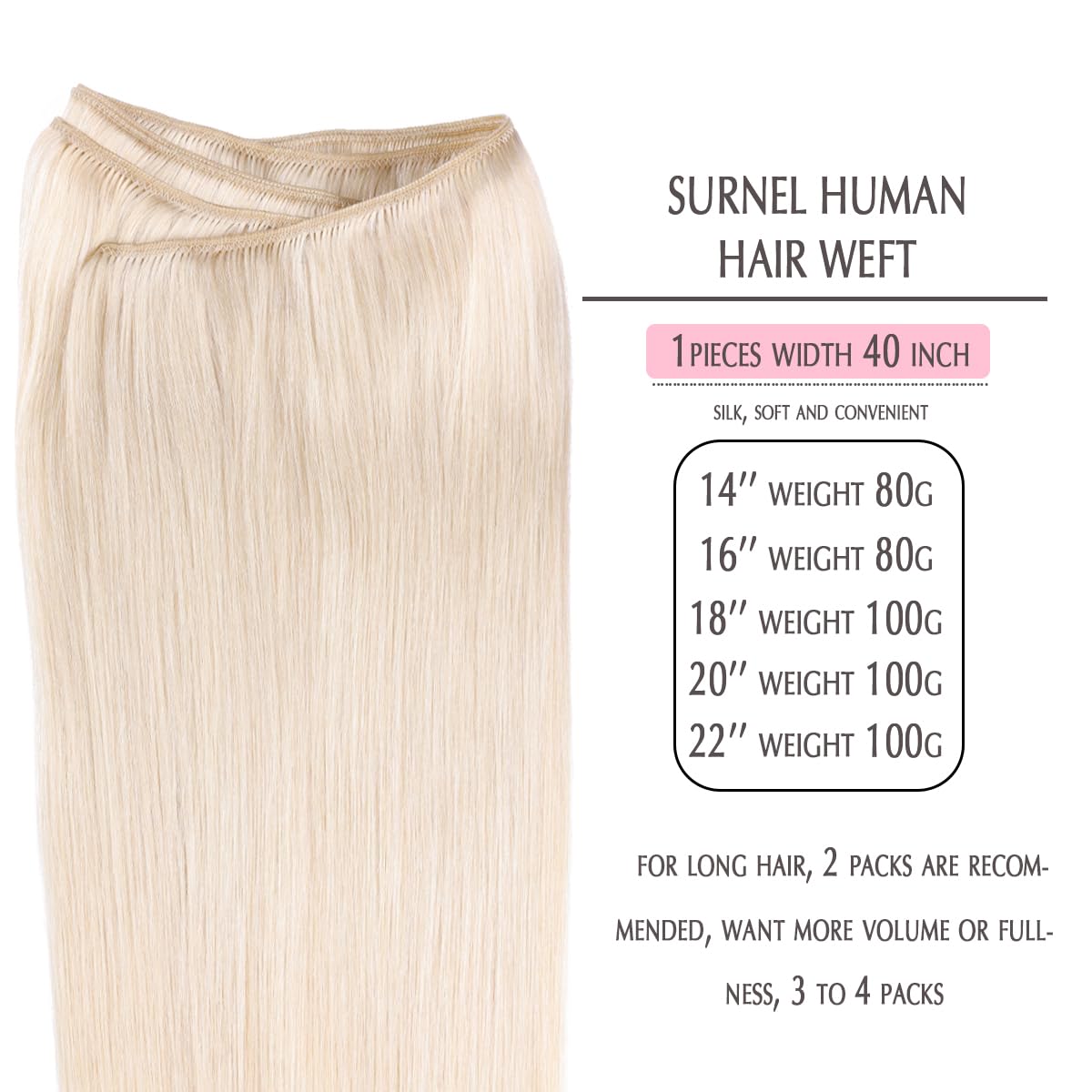 SURNEL 50cm 100g Tressen Echthaar Extensions Blond Echthaar Tressen Zum Einnähen Platinum Blond Remy Weft Extensions Human Hair Braids (Tressen#60-20zoll)