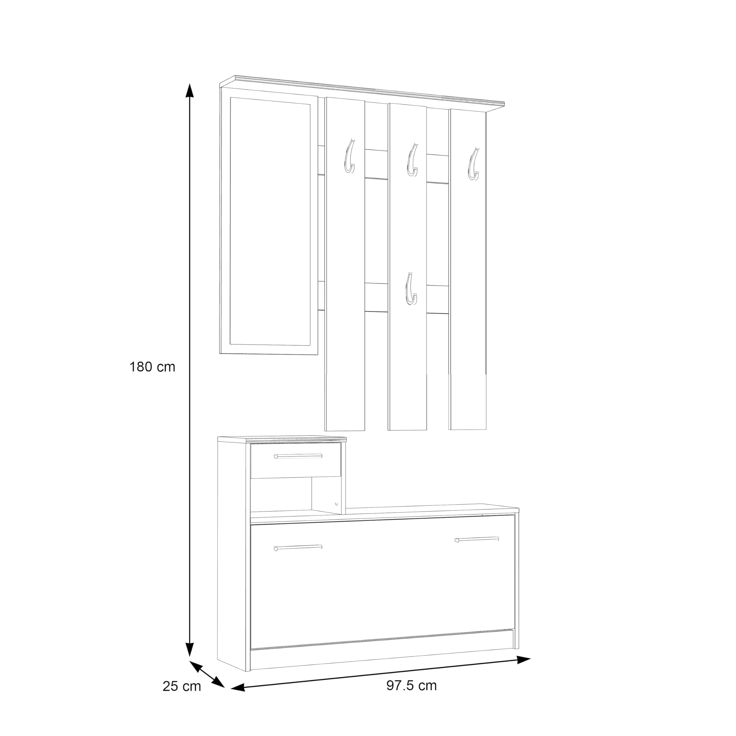 FORTE Foxi Kompaktgarderobe inklusive Spiegel, Holzwerkstoff, Sonoma Eiche Dekor, 97.5 x 25 x 180 cm