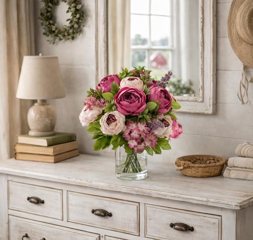 Image of FiveSeasonStuff Vintage Artificial Peonies Silk Peony Flowers and Hydrangeas for Wedding Bridal Home Decor - Beautiful Floral Centerpiece Arrangement Decoration with 2 Bouquets (Mixed Pink)