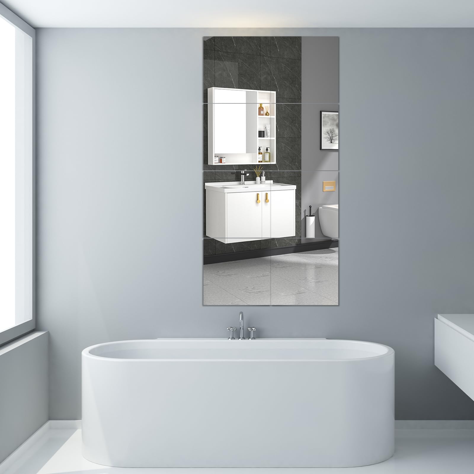 Glass Full Length Wall Mirror Tiles, 8'' x 8'' x 8PCS, Frameless Full Body Mirror Tiles for Bedroom, Full Length Mirror Wall Mounted for Home Gym, Door-image-7