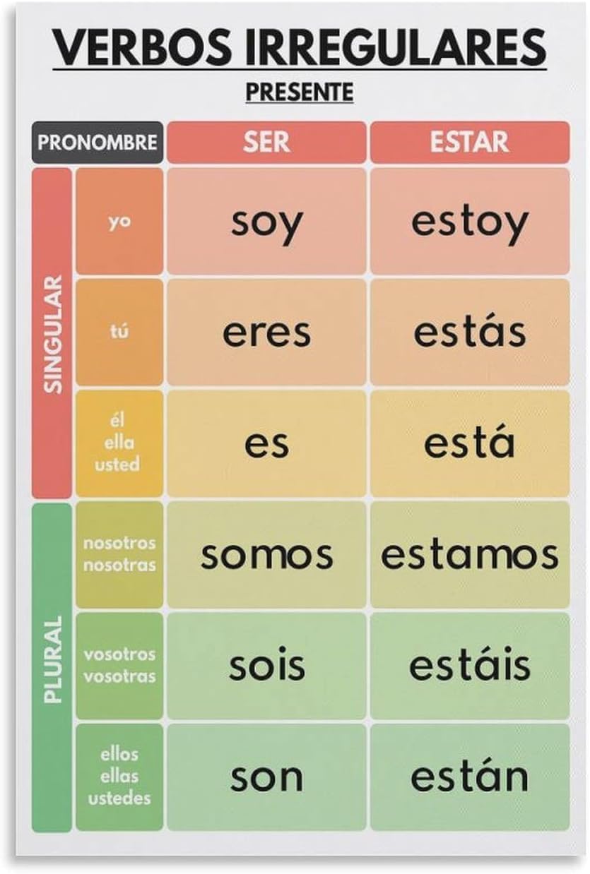 Spanish Language, IRREGULAR VERBS, Verb Conjugation, Grammar Chart, Classroom, Educational, Poster for Room Aesthetics Meatl Tin Sign Wall Art 8x12 inch