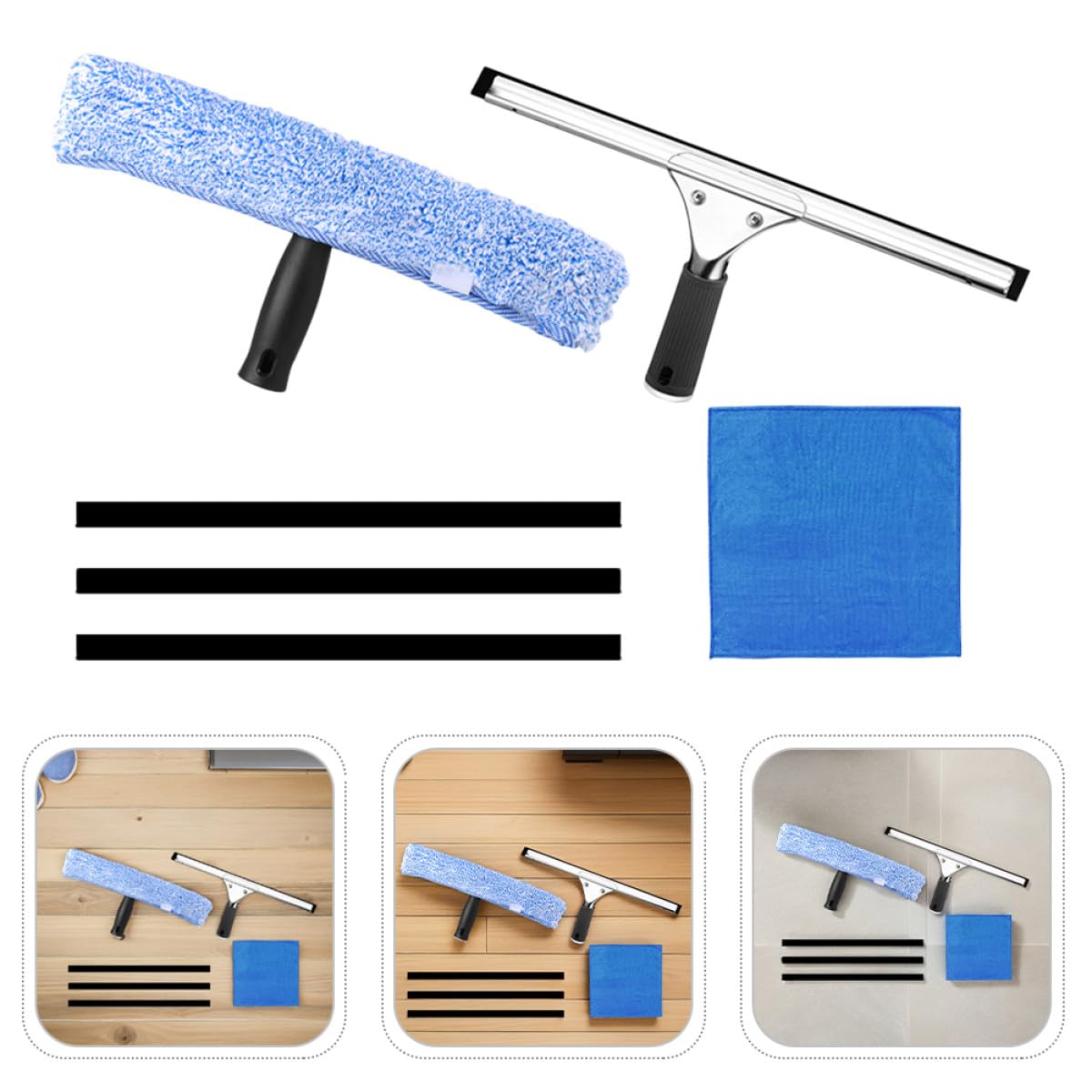 Kit Limpiador de Ventanas Multiuso Escobilla de Goma Negra, Soporte T Negro Cabezal de Microfibra Estrellado, Paño Azul 30x30 Cm y 3 Tiras de Goma 35 Cm para Hogar, Baño y Coche