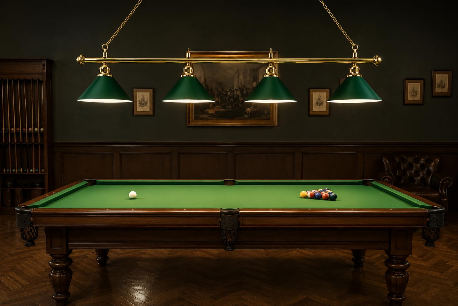 John West Billardlampe London, Messing/Grün, 4 Schirme, 180 cm | Billardtisch Lampe für 9ft Tische, E27 Beleuchtung