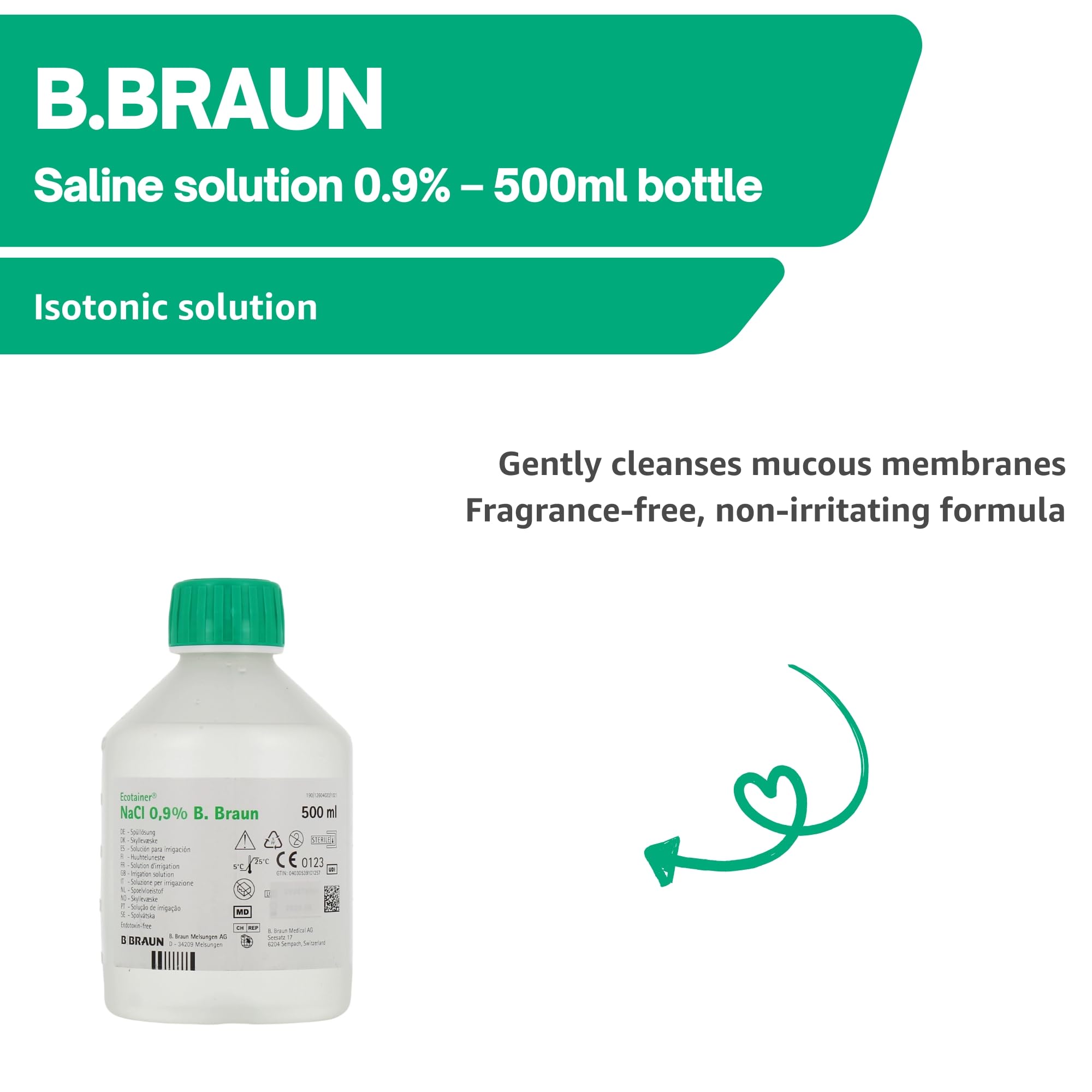 B.Braun 10 x 500 ml NaCl 0,9% Solución fisiológica isotónica 0,9 solución salina para limpieza de heridas para bebés, solución salina para lavado nasal