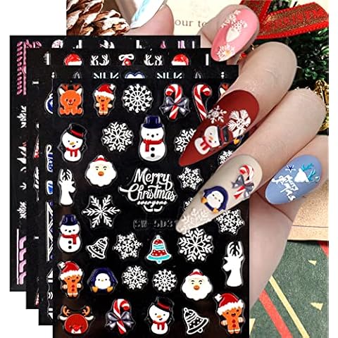 5D Christmas Nail Art Stickers Xmas New Year Nail Art Decals Embossed Snowflake Snowman Elk Bell Santa Claus Tree Looks Real Christmas Holiday Nail Decorations (4 Sheets) Cover