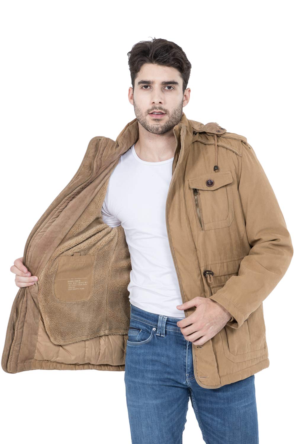 Mr.Stream Men's Winter 3-in-1 Hooded Jacket Windproof Faux Fur Lined Windbreaker Coat Outerwear Warm Parka Khaki 2XL