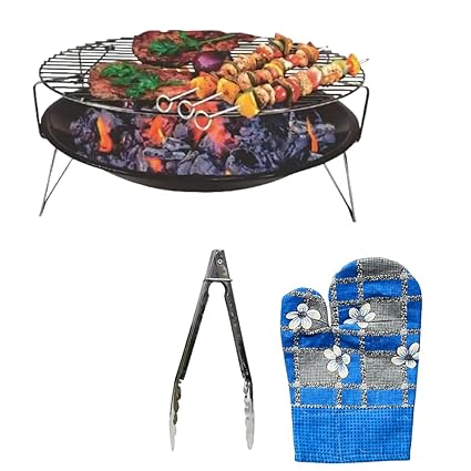 NE GRILLS Portable BBQ Grill & Glove and Tong Combo with Dish, Food Grill & 4 Skewers | Cast Iron | Ideal for Camping, Hiking, Picnics, and Travel