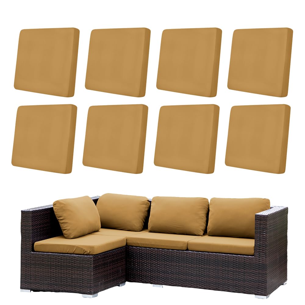 Hiseng Funda Cojines para Asiento de Patio Color Sólido, Funda de Cojín Sofá Exterior Suave Elástica Lavable con Banda Elástica para Sofa Jardin Terraza Patio (Caqui,8 Piezas)