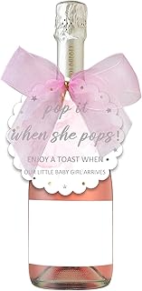 Pink Pop It When She Pops Baby Shower Bottle Tags, Pop The Bubbly When She Pops Tags, Girls’ Champagne Baby Shower Favor Label with Bows, MIT-XBFS-1