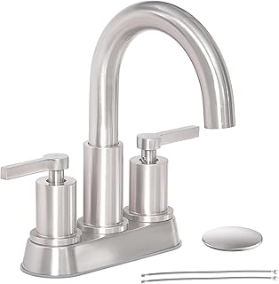 Bathroom Faucets for Sink 3 Hole,4 inch Centerset Faucets Bathroom Sink Faucet,Brushed Nickel Bathroom Faucet,2-Handle RV Lavatory Vanity Faucet with Pop Up Drain and Supply Lines KMBF004L-1