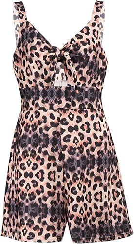 Vista 3 de Amiliashp - Mono corto de verano para mujer con cuello en V, lazo al frente, sexy, diseño floral y estilo bohemio, atuendo de una pieza