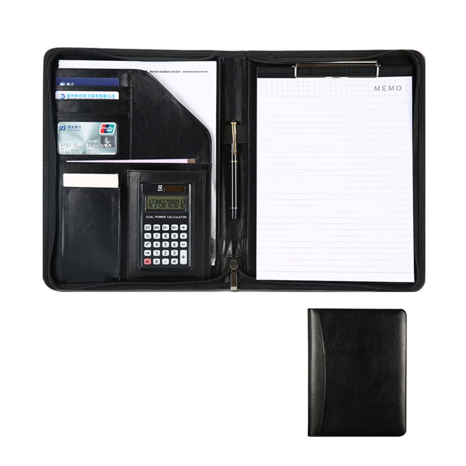 Raccoglitore A4 Padfolio Portfolio, Raccoglitore Portadocumenti A4 in Pelle PU con Cerniera Padfolio Organizer Blocco for Appunti Portapenne Porta Biglietti da Visita Marrone Nero(Black)