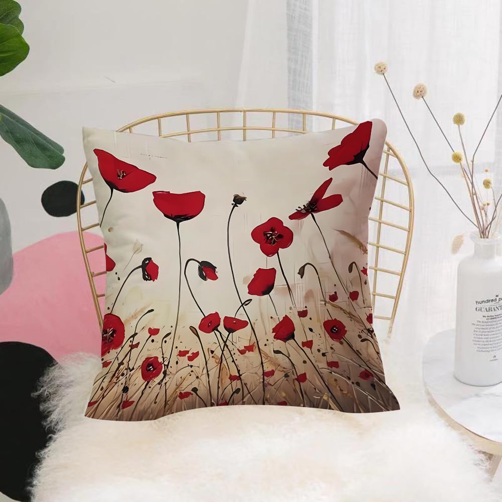 HYOSXW Cushion Cover,Throw Pillow Case Home Decorative for Living Room Bedroom Sofa Chair 16X16 Inch,poppies，Peony, warm brown tone, bright red flower clusters,Pillowcase 40X40cm