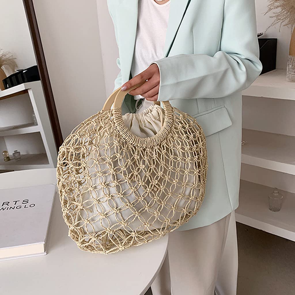 Bolsas De Playa Bolsas De Paja Bolsa De Paja Tejida A Mano, Mujer Beach Tejido De Bolso De Paja Mango Superior Hueco De Pesca De Crochet Bolso Neto De Color Caqui (Color : Khaki)