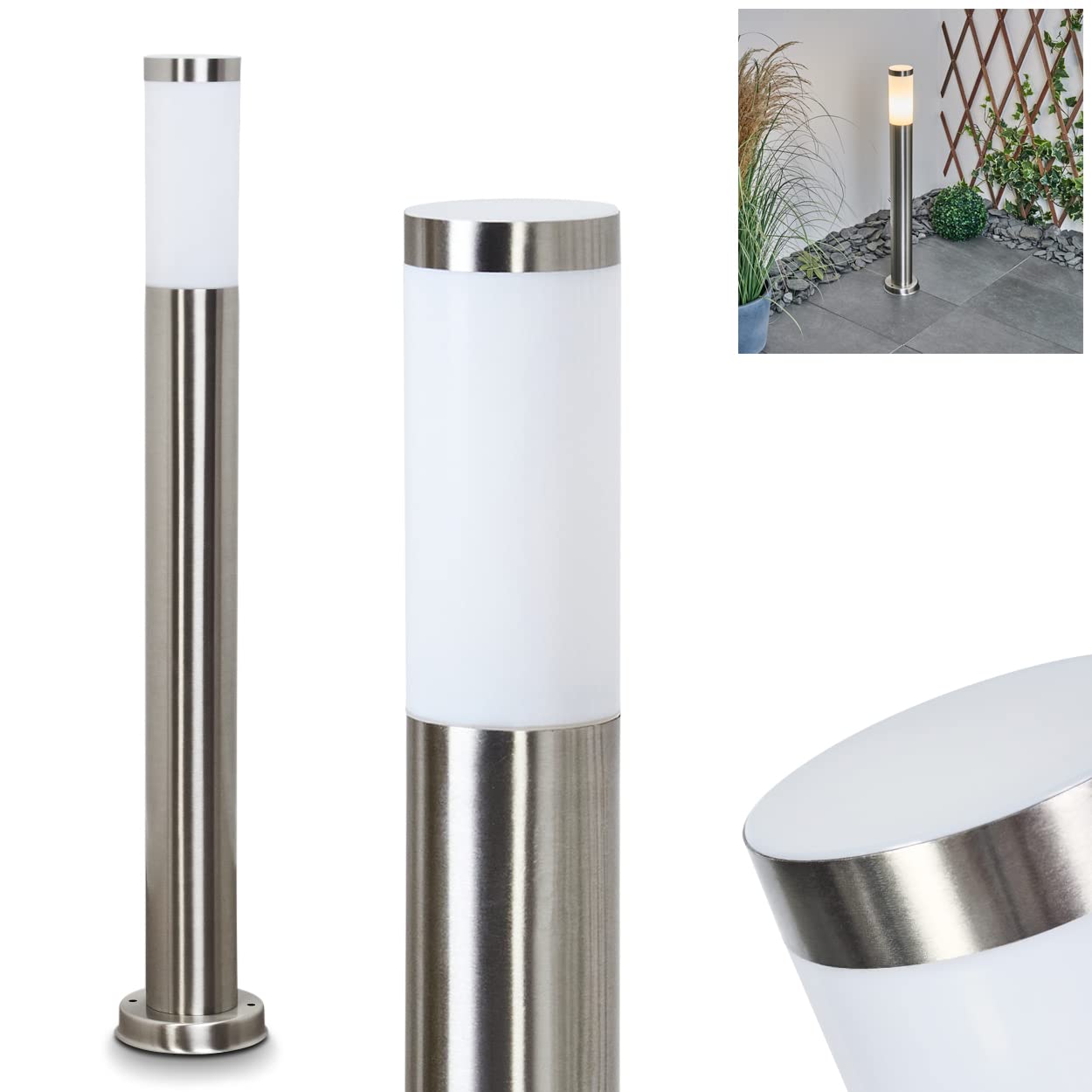 Lampe d'extérieur Sessa, lampe de socle moderne en métal/plastique en nickel mat/blanc, lampe d'allée 80 cm, lampe de jardin avec E27, éclairage de jardin IP44, ampoule(s) non incluse(s)