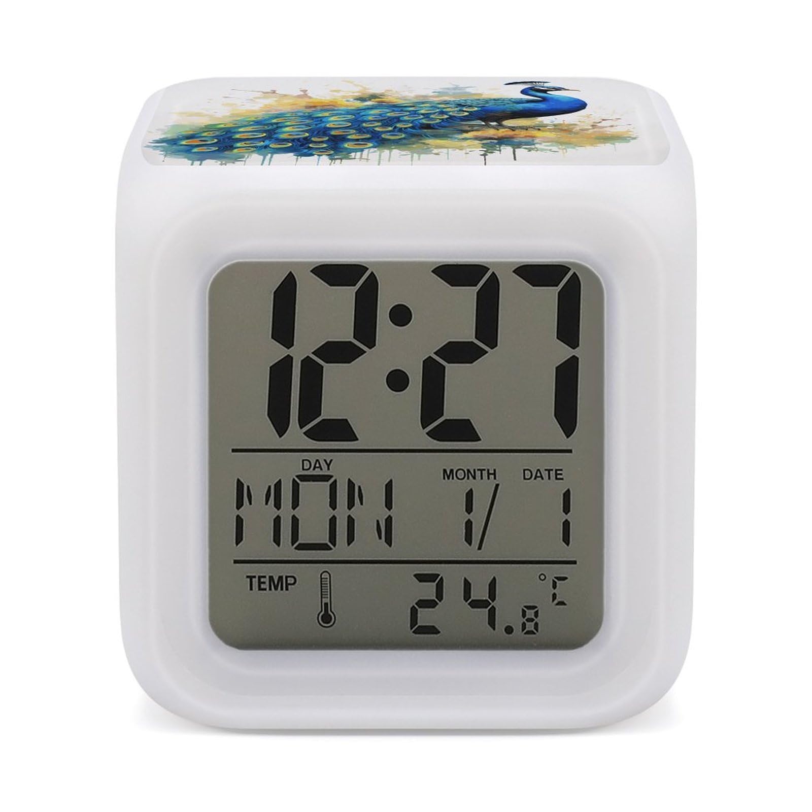 JTREHY Peacock Watercolor Painting Alarm Clock Seven Color Night Light Digital Clock Precision Reliable Alarms Clocks for Bedroom Heavy Sleepers Adults Gift for Men and Women
