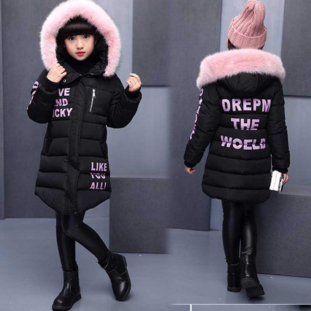 Niñas Abrigo Acolchado de Invierno con Capucha de Pelo Chaqueta Caliente de Algodón con Estampado de Letras