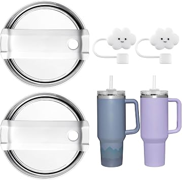 AUAUY 2 PCS Tumbler Lids with 2PCS Dust-proof Cloud Straw Covers for Stanley Quencher H2.0 40 oz and Stanley Adventure Quencher 40 oz, Leak Proof Replacement Lids, White Lids for Tumblers