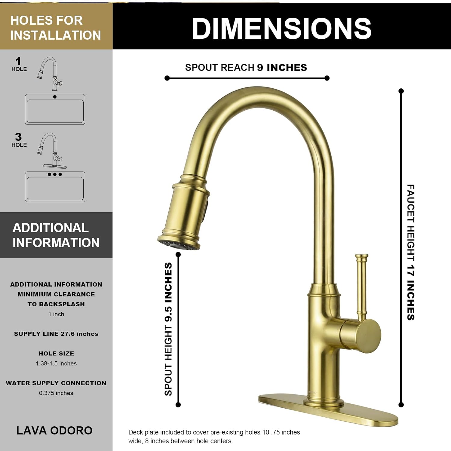 Lava Odoro Curtura Brushed Gold Kitchen Faucet with Pull Down Sprayer, Brass Kitchen Sink Faucet, Single Hole Kitchen Faucet with 3-Function Sprayer, Deck Plate Included, Spot-Free, 1.8GPM, KF421-SG