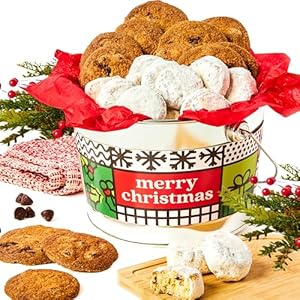 David’s Cookies Merry Christmas Assorted Cookies Bucket with Thin Crispy Cookies and Pecan Meltaways Treats – Gourmet Holiday Cookies Gift Basket – All Natural Christmas Cookies Gift
