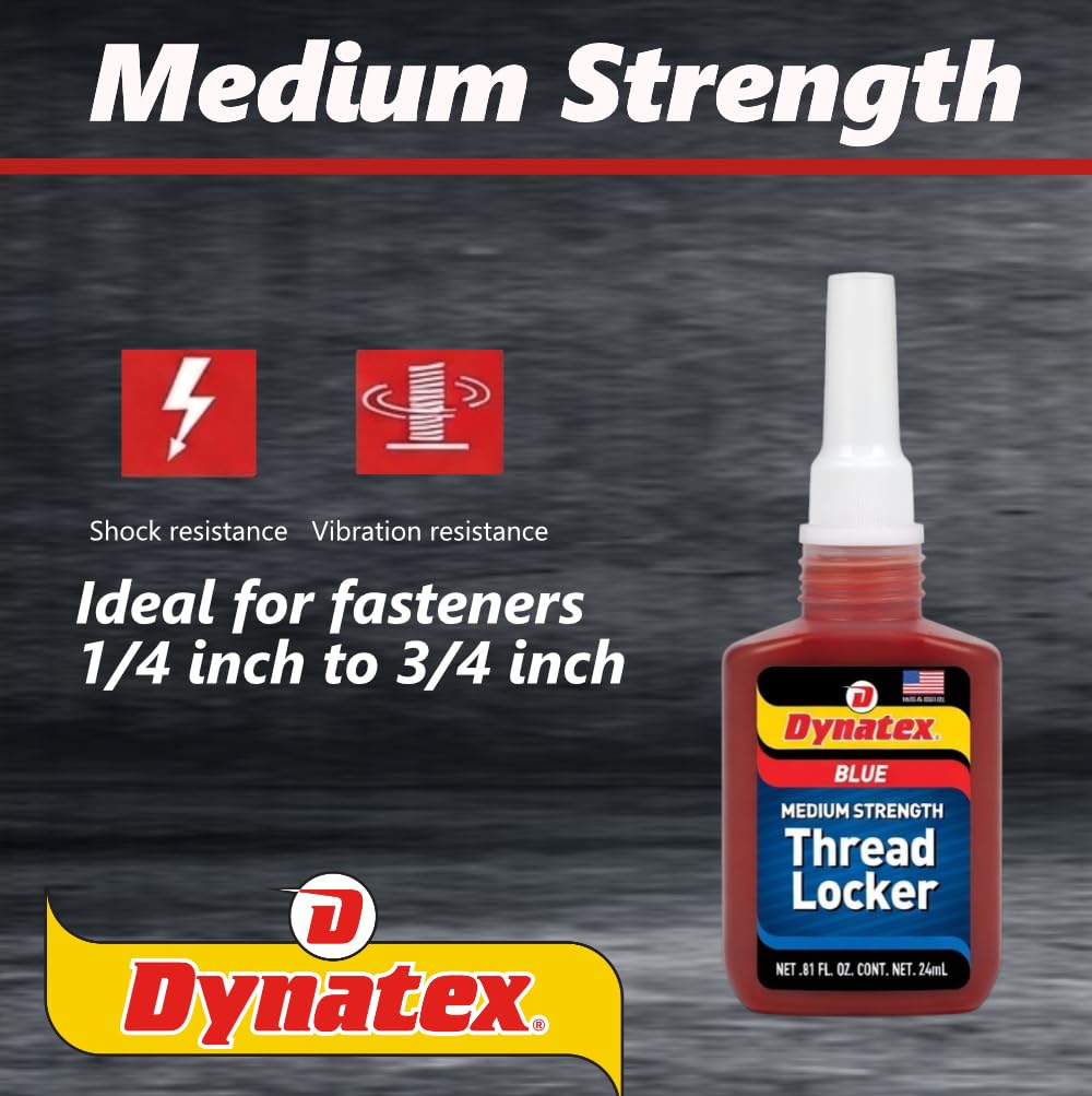 Dynatex Blue Medium Strength Threadlocker 0.81 oz Bottle - Removable with Hand Tools, Locks Fasteners on Metal, Vibration Resistant, Solvent Resistant (Single)