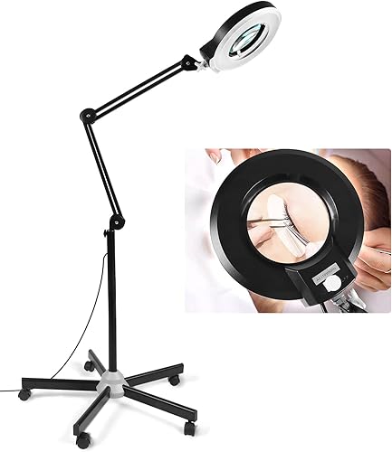 Veemagni - Lupa 8X con luz y soporte, lámpara de pie con base rodante de 5 ruedas para tratamientos faciales, esteticistas de pestañas, 1500