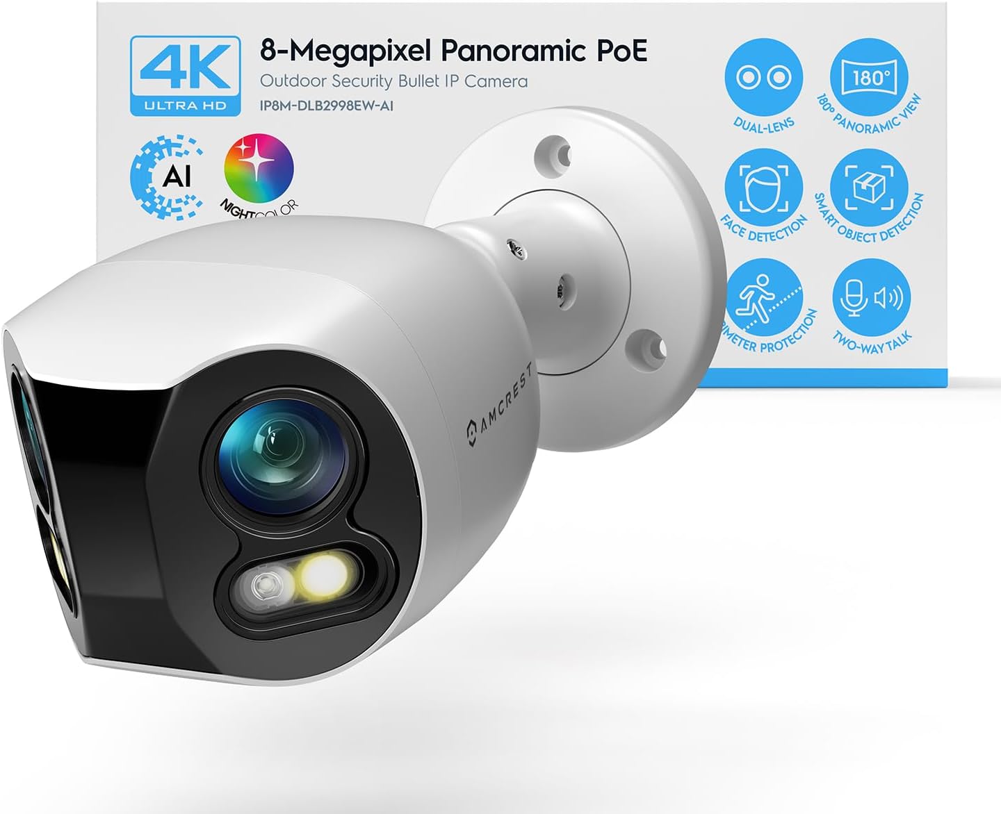 Amcrest Dual-Lens 4K (8MP) Outdoor Security POE Camera, 2 x 4K Lenses PoE AI Bullet IP Camera, 65ft Night Color, Face Detection, Panoramic 180° FOV, 2 x 4K@15fps IP8M-DLB2998EW-AI (White)