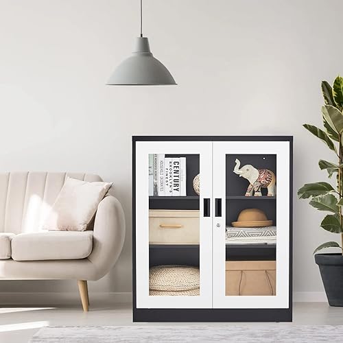 Miniatura 61 de Gabinete de almacenamiento de metal para garaje, gabinete de almacenamiento con bloqueo de 71 pulgadas con 2 puertas y 4 estantes ajustables, Negro