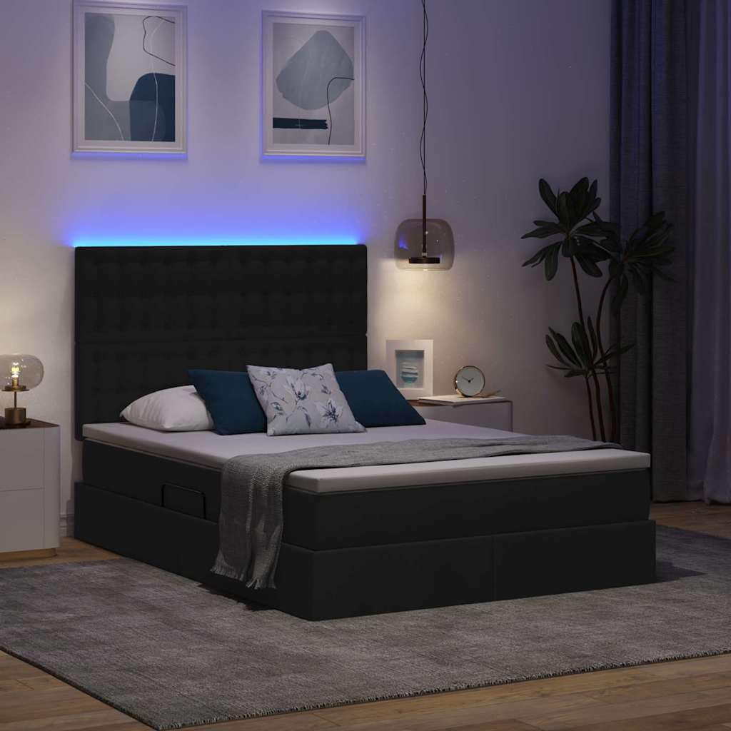 Metalowy z oświetleniem LED do sypialni nowoczesny Czarny 140 x 200 cm | Łóżko z materacem i pojemnikiem na pościel LED Czarny 140x200 z hydraulicznym podnoszeniem i regulowanym oświetleniem RGB